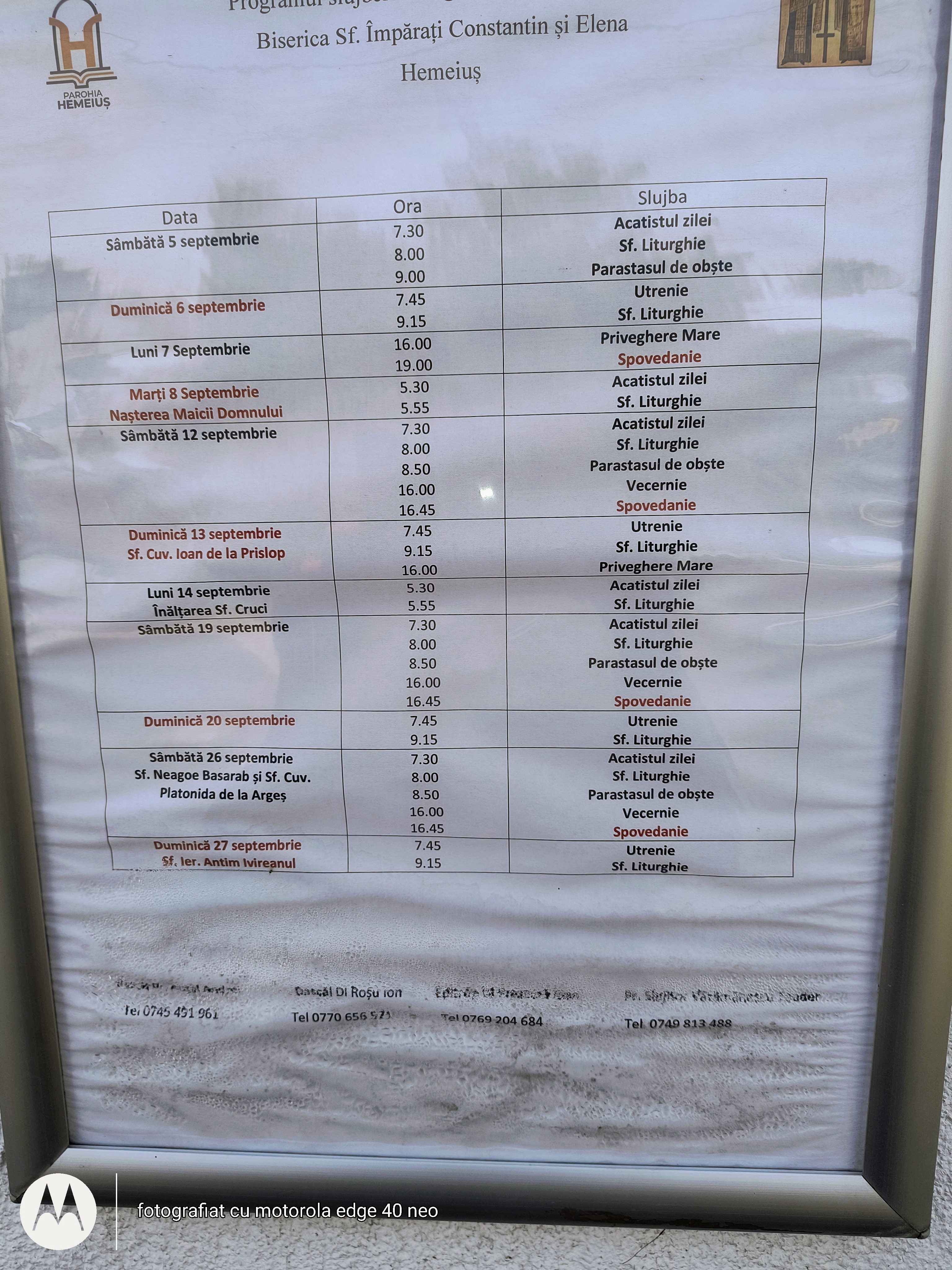 PROGRAMUL SLUJBELOR DE DUMINICĂ ÎN HEMEIUȘ