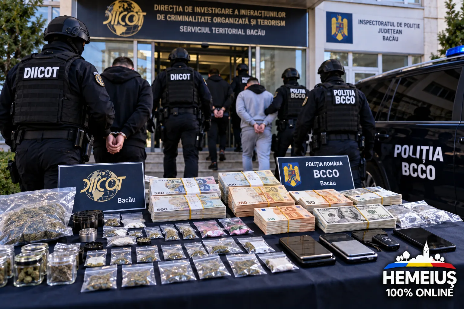 JUDEȚUL BACĂU – CRIMINALITATE ORGANIZATĂ: ȘASE PERSOANE ARESTATE ÎN DOUĂ CAUZE PENALE LA BACĂU. PESTE 230 DE DOZE ȘI ZECI DE MII DE LEI, DESCOPERITE LA PERCHEZIȚII