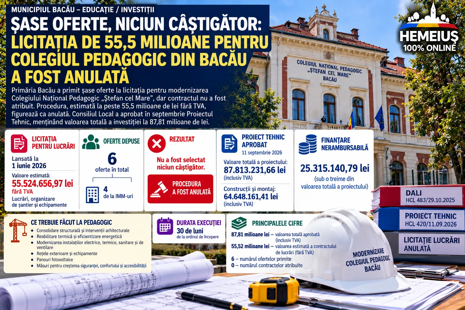 EDUCAȚIE / INVESTIȚII: ȘASE OFERTE, NICIUN CÂȘTIGĂTOR. LICITAȚIA DE 55,5 MILIOANE PENTRU COLEGIUL PEDAGOGIC DIN BACĂU A FOST ANULATĂ