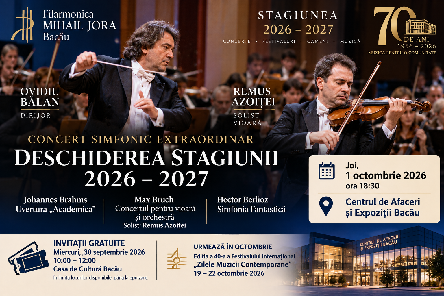 MUNICIPIUL BACĂU – CULTURĂ: FILARMONICA „MIHAIL JORA” DESCHIDE STAGIUNEA 2026–2027. OVIDIU BĂLAN ȘI REMUS AZOIȚEI, ÎN CONCERTUL DIN 1 OCTOMBRIE