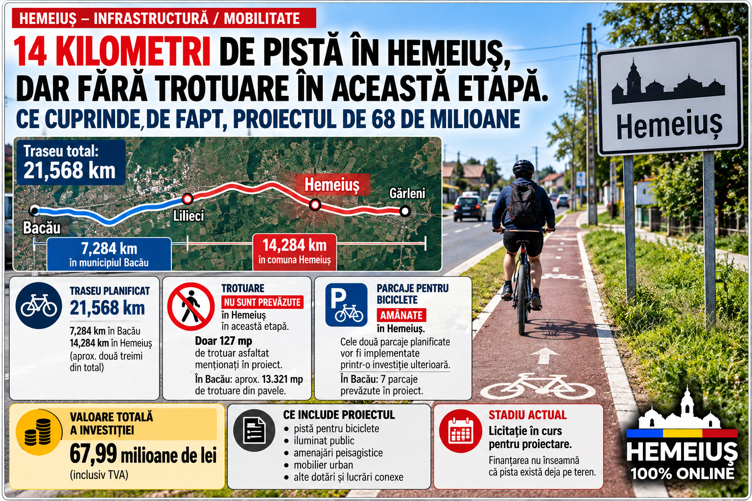 HEMEIUȘ – INFRASTRUCTURĂ / MOBILITATE: 14 KILOMETRI DE PISTĂ ÎN HEMEIUȘ, DAR FĂRĂ TROTUARE ÎN ACEASTĂ ETAPĂ. CE CUPRINDE, DE FAPT, PROIECTUL DE 68 DE MILIOANE
