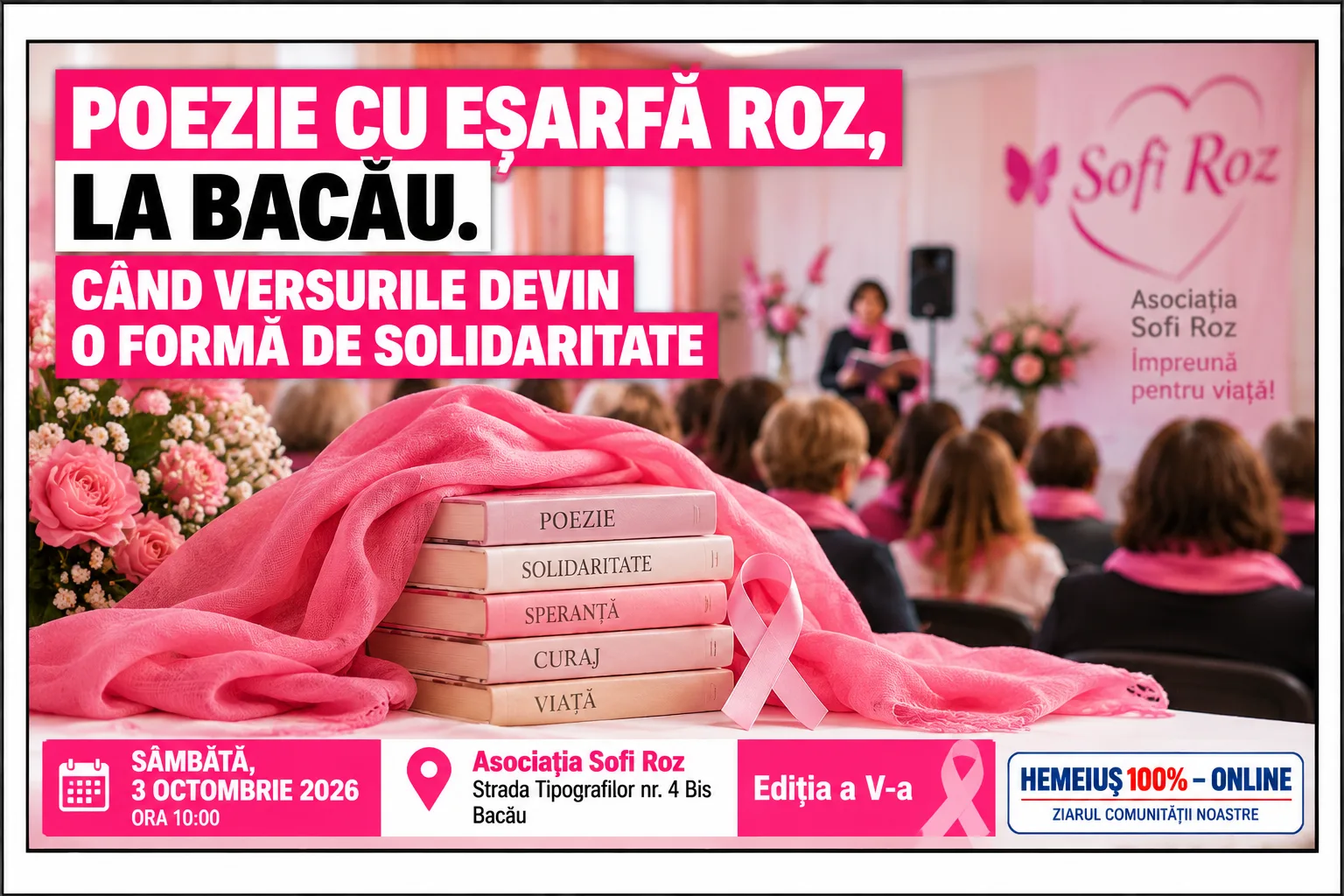 POEZIE CU EȘARFĂ ROZ, LA BACĂU. CÂND VERSURILE DEVIN O FORMĂ DE SOLIDARITATE