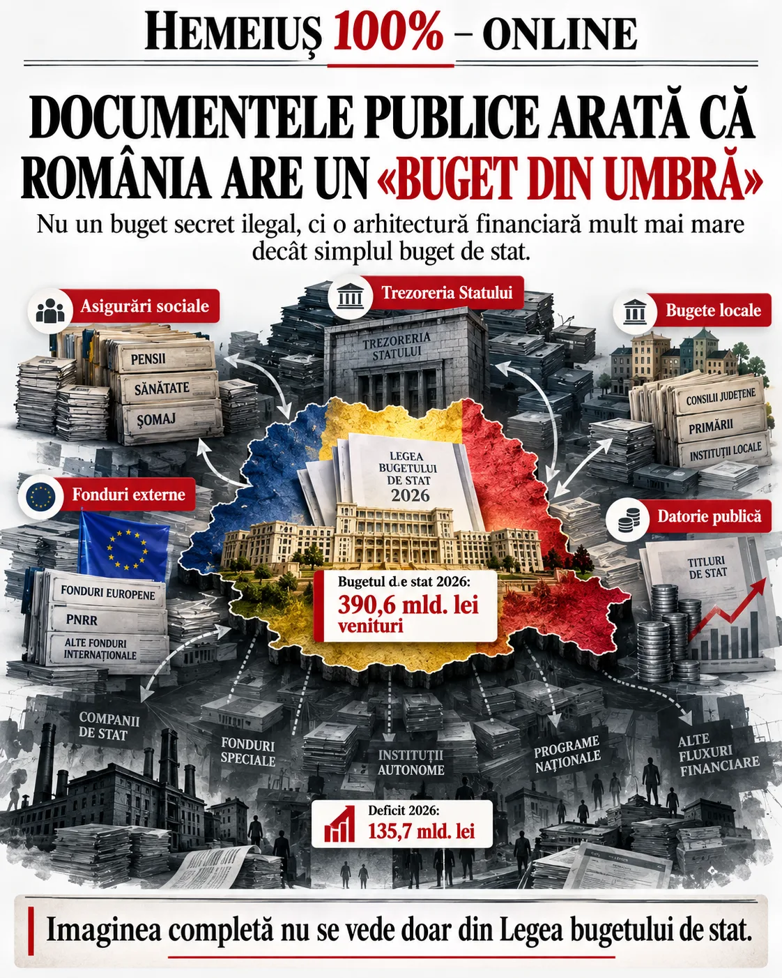 DOCUMENTELE PUBLICE ȘI PUBLICATE DEMONSTREAZĂ CĂ ROMÂNIA ARE UN „BUGET DIN UMBRĂ”. SISTEMUL FINANCIAR PARALEL CARE NU POATE FI RECONSTRUIT DOAR DIN BUGETUL DE STAT