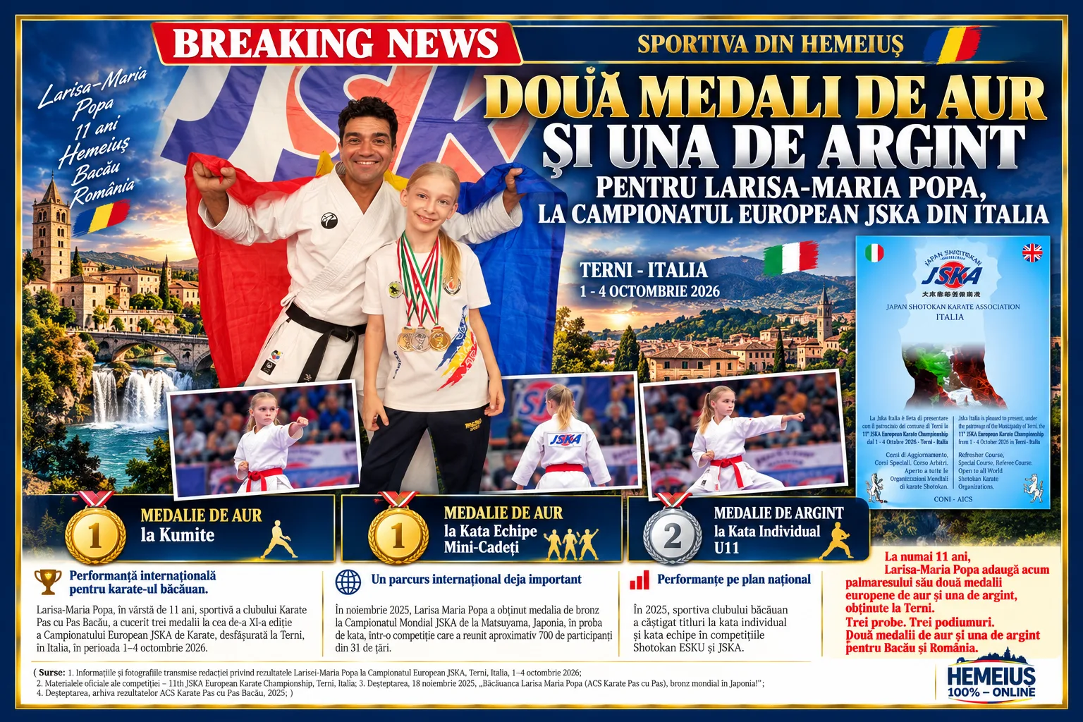 SPORTIVA DIN HEMEIUȘ LARISA-MARIA POPA (11 ANI), DOUĂ MEDALII DE AUR ȘI UNA DE ARGINT LA CAMPIONATUL EUROPEAN DE KARATE – JSKA DIN ITALIA