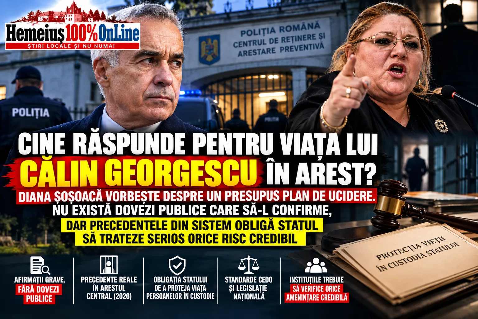 CINE RĂSPUNDE PENTRU VIAȚA LUI CĂLIN GEORGESCU ÎN AREST? DIANA ȘOȘOACĂ VORBEȘTE DESPRE UN PRESUPUS PLAN DE UCIDERE. NU EXISTĂ DOVEZI PUBLICE CARE SĂ-L CONFIRME, DAR PRECEDENTELE DIN SISTEM OBLIGĂ STATUL SĂ TRATEZE SERIOS ORICE RISC CREDIBIL
