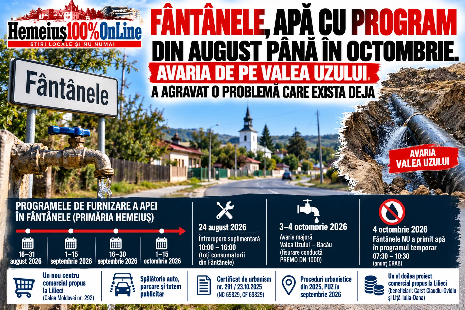 FÂNTÂNELE, APĂ CU PROGRAM DIN AUGUST PÂNĂ ÎN OCTOMBRIE. AVARIA DE PE VALEA UZULUI A AGRAVAT O PROBLEMĂ CARE EXISTA DEJA