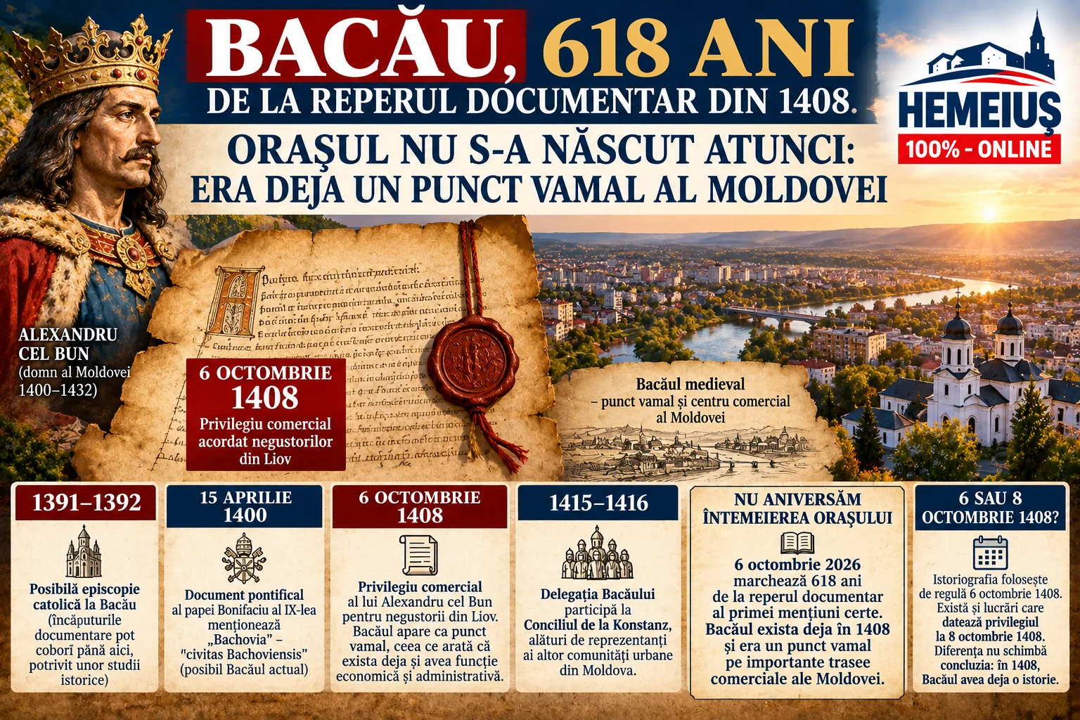 BACĂU, 618 ANI DE LA REPERUL DOCUMENTAR DIN 1408. ORAȘUL NU S-A NĂSCUT ATUNCI: ERA DEJA UN PUNCT VAMAL AL MOLDOVEI