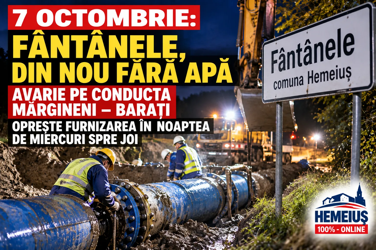 7 OCTOMBRIE: FÂNTÂNELE, DIN NOU FĂRĂ APĂ. O NOUĂ AVARIE PE CONDUCTA MĂRGINENI–BARAȚI OPREȘTE FURNIZAREA ÎN NOAPTEA DE MIERCURI SPRE JOI