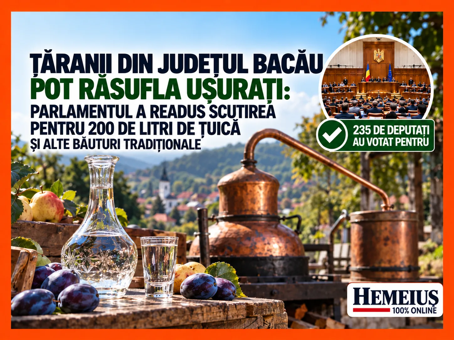 „ȚĂRANII DIN JUDEȚUL BACĂU POT RĂSUFLA UȘURAȚI: PARLAMENTUL A READUS SCUTIREA PENTRU 200 DE LITRI DE ȚUICĂ ȘI ALTE BĂUTURI TRADIȚIONALE”