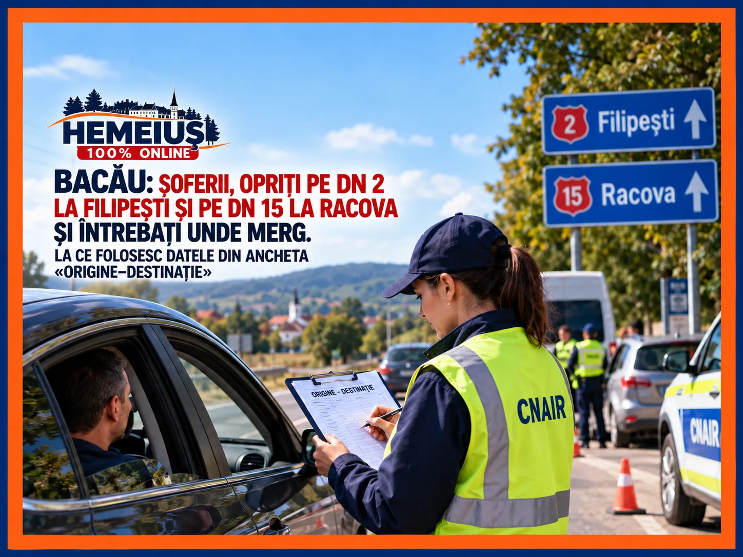 BACĂU: ȘOFERII, OPRIȚI PE DN 2 LA FILIPEȘTI ȘI PE DN 15 LA RACOVA ȘI ÎNTREBAȚI UNDE MERG. LA CE FOLOSESC DATELE DIN ANCHETA «ORIGINE–DESTINAȚIE»