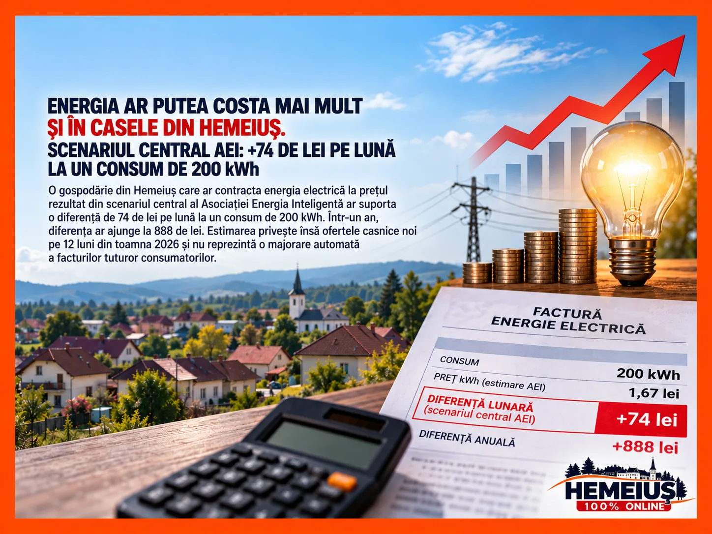 ENERGIA AR PUTEA COSTA MAI MULT ȘI ÎN CASELE DIN HEMEIUȘ. SCENARIUL CENTRAL AEI: +74 DE LEI PE LUNĂ LA UN CONSUM DE 200 kWh