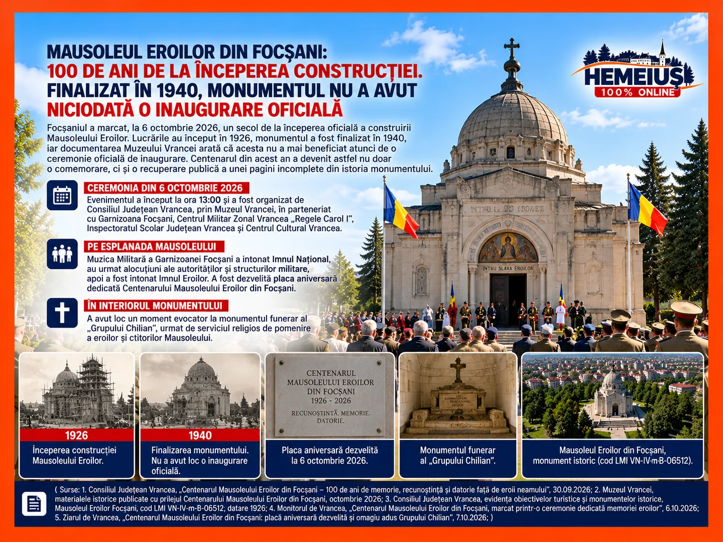 MAUSOLEUL EROILOR DIN FOCȘANI: 100 DE ANI DE LA ÎNCEPEREA CONSTRUCȚIEI. FINALIZAT ÎN 1940, MONUMENTUL NU A AVUT NICIODATĂ O INAUGURARE OFICIALĂ