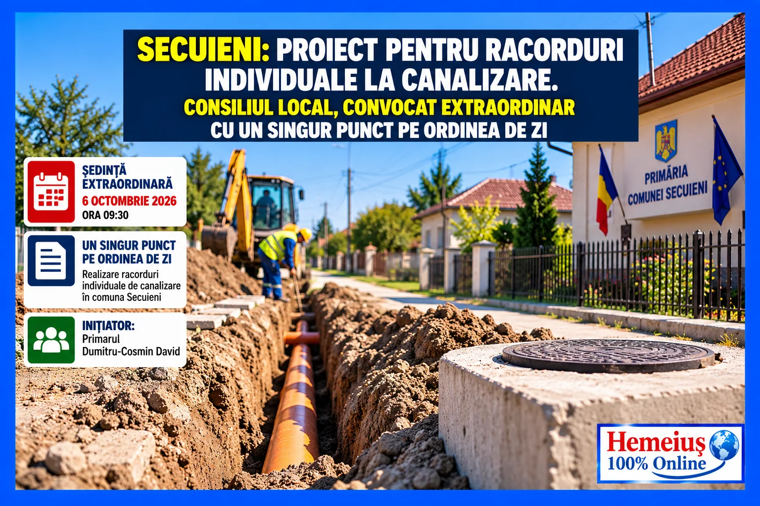 SECUIENI: PROIECT PENTRU RACORDURI INDIVIDUALE LA CANALIZARE. CONSILIUL LOCAL, CONVOCAT EXTRAORDINAR CU UN SINGUR PUNCT PE ORDINEA DE ZI