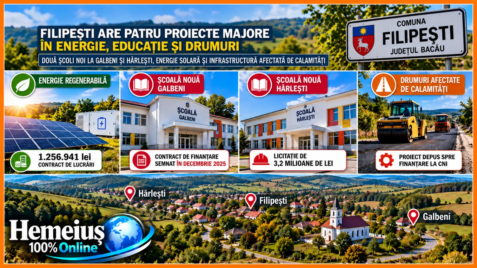 FILIPEȘTI ARE PATRU PROIECTE MAJORE ÎN ENERGIE, EDUCAȚIE ȘI DRUMURI. DOUĂ ȘCOLI NOI LA GALBENI ȘI HÂRLEȘTI, ENERGIE SOLARĂ ȘI INFRASTRUCTURĂ AFECTATĂ DE CALAMITĂȚI
