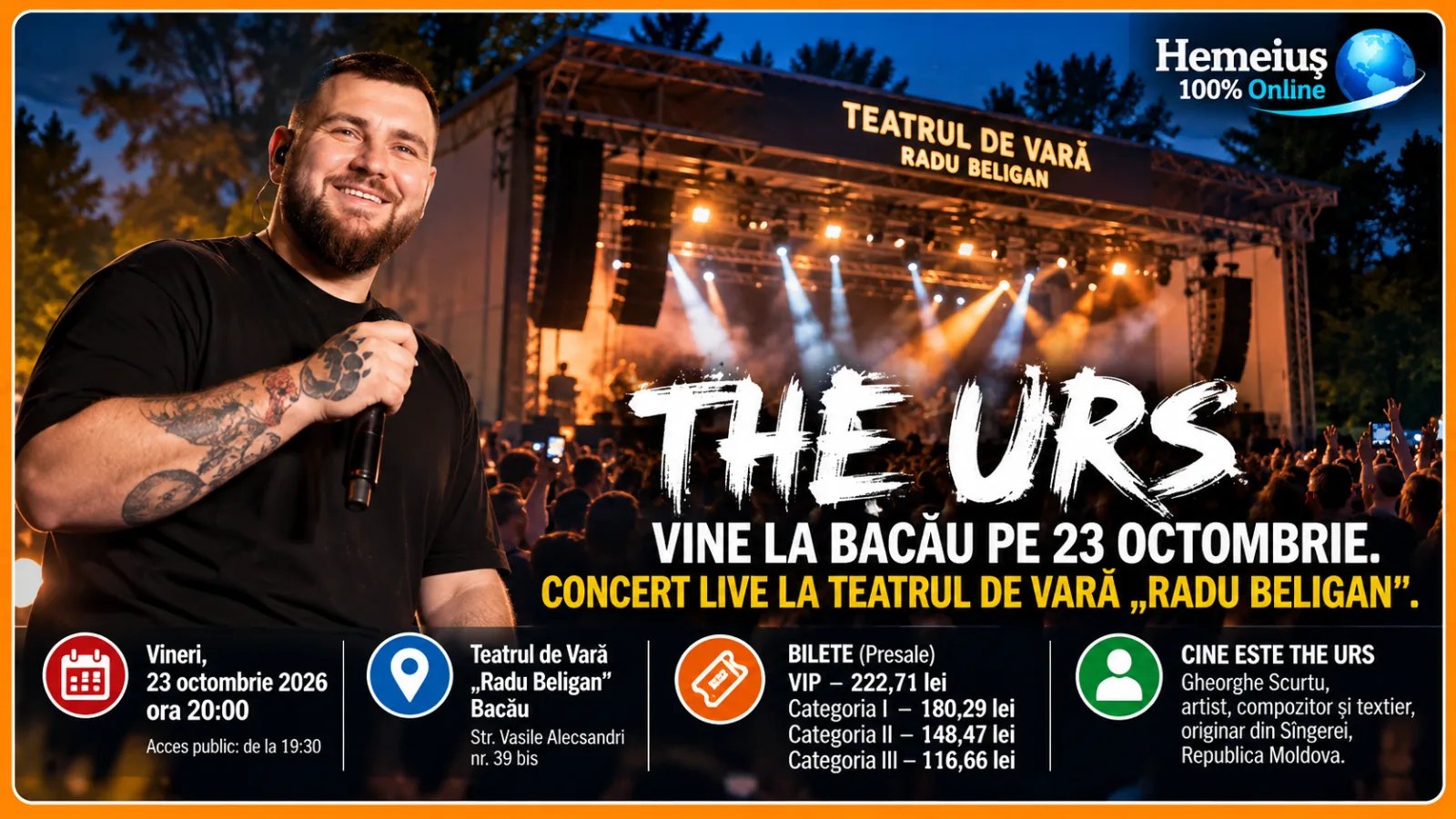THE URS VINE LA BACĂU PE 23 OCTOMBRIE. CONCERT LIVE LA TEATRUL DE VARĂ RADU BELIGAN