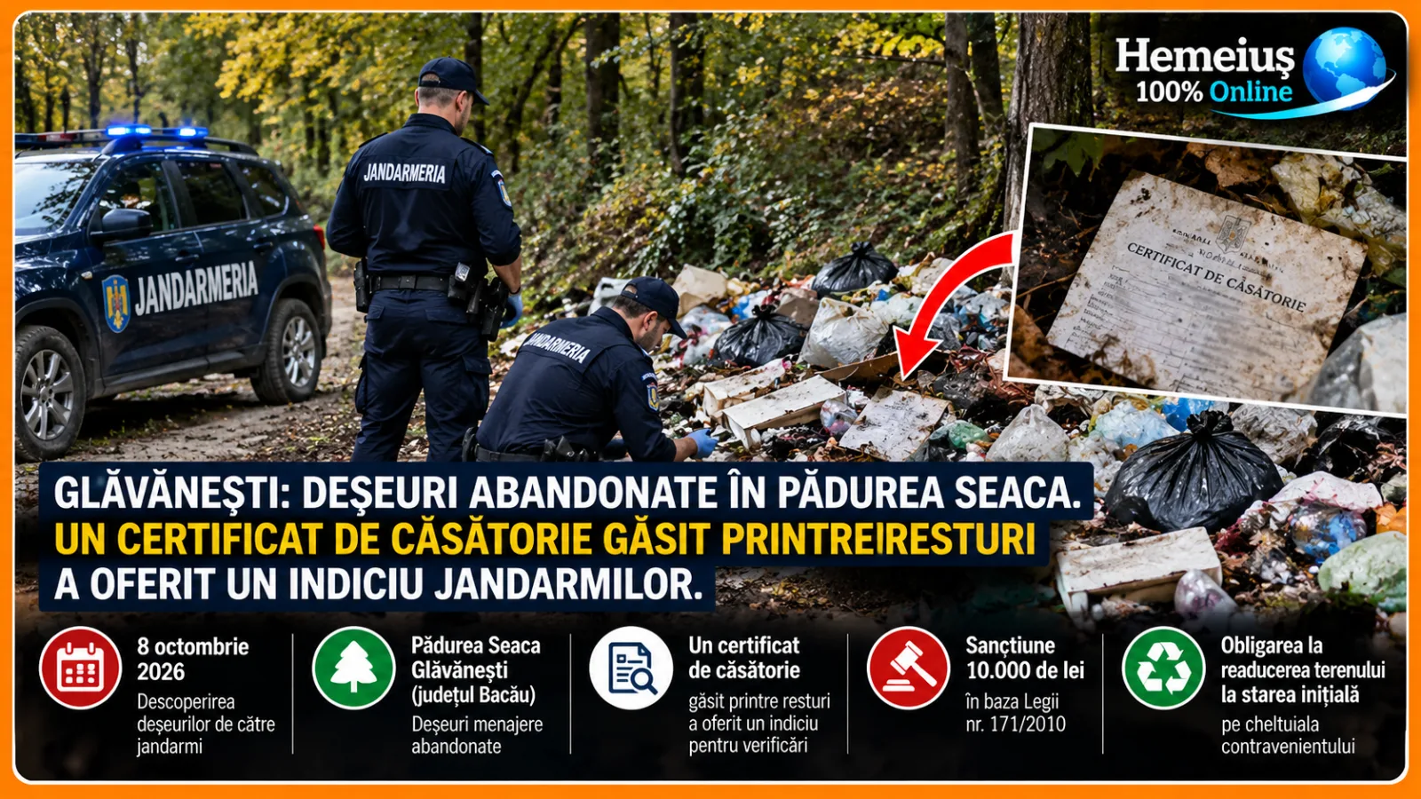 GLĂVĂNEȘTI: DEȘEURI ABANDONATE ÎN PĂDUREA SEACA. UN CERTIFICAT DE CĂSĂTORIE GĂSIT PRINTRE RESTURI A OFERIT UN INDICIU JANDARMILOR