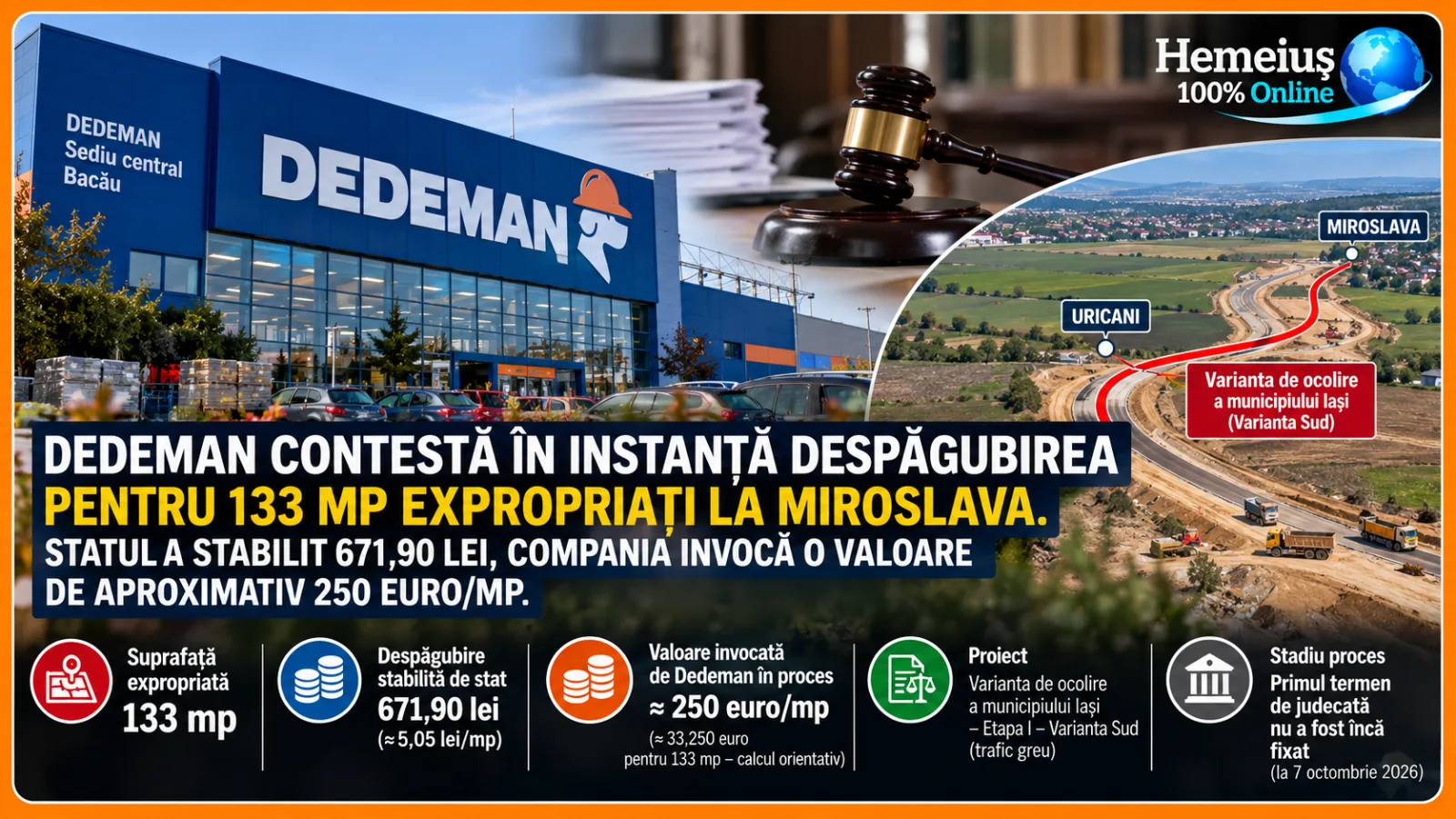 DEDEMAN CONTESTĂ ÎN INSTANȚĂ DESPĂGUBIREA PENTRU 133 MP EXPROPRIAȚI LA MIROSLAVA. STATUL A STABILIT 671,90 LEI, COMPANIA INVOCĂ O VALOARE DE APROXIMATIV 250 EURO/MP