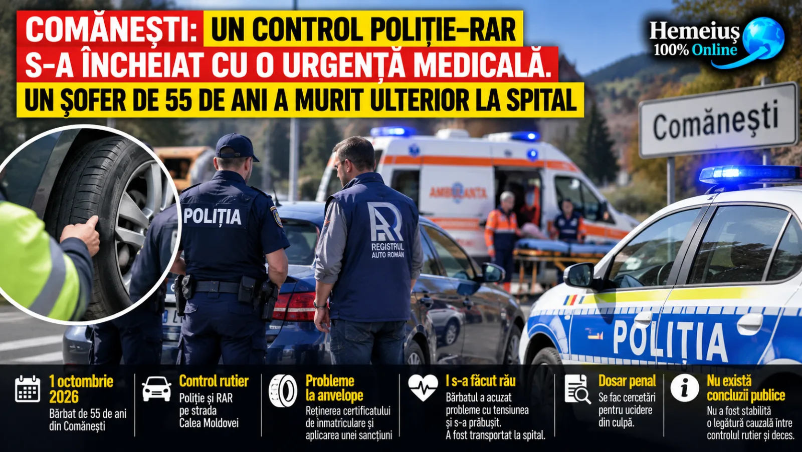 COMĂNEȘTI: DOSAR PENAL DEOARECE UN CONTROL POLIȚIE–R.A.R. S-A ÎNCHEIAT CU O URGENȚĂ MEDICALĂ. UN ȘOFER DE 55 DE ANI A MURIT ULTERIOR LA SPITAL