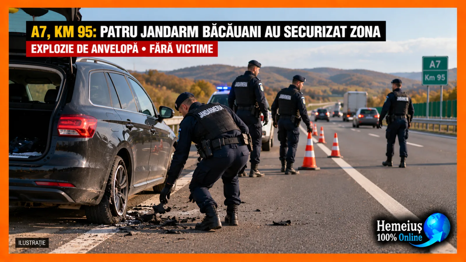 A7, KILOMETRUL 95: PERICOLUL NU DISPĂRUSE ODATĂ CU OPRIREA MAȘINII. PATRU JANDARMI BĂCĂUANI AU SECURIZAT ZONA