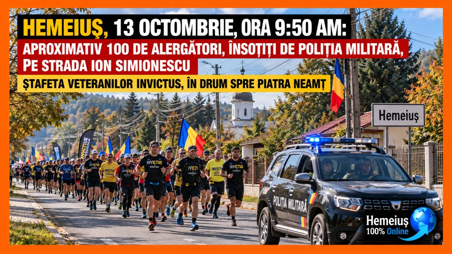 HEMEIUȘ, 13 OCTOMBRIE, ORA 9:50 AM: APROXIMATIV 100 DE ALERGĂTORI, ÎNSOȚIȚI DE POLIȚIA MILITARĂ, PE STRADA ION SIMIONESCU. ȘTAFETA VETERANILOR INVICTUS, ÎN DRUM SPRE PIATRA NEAMȚ