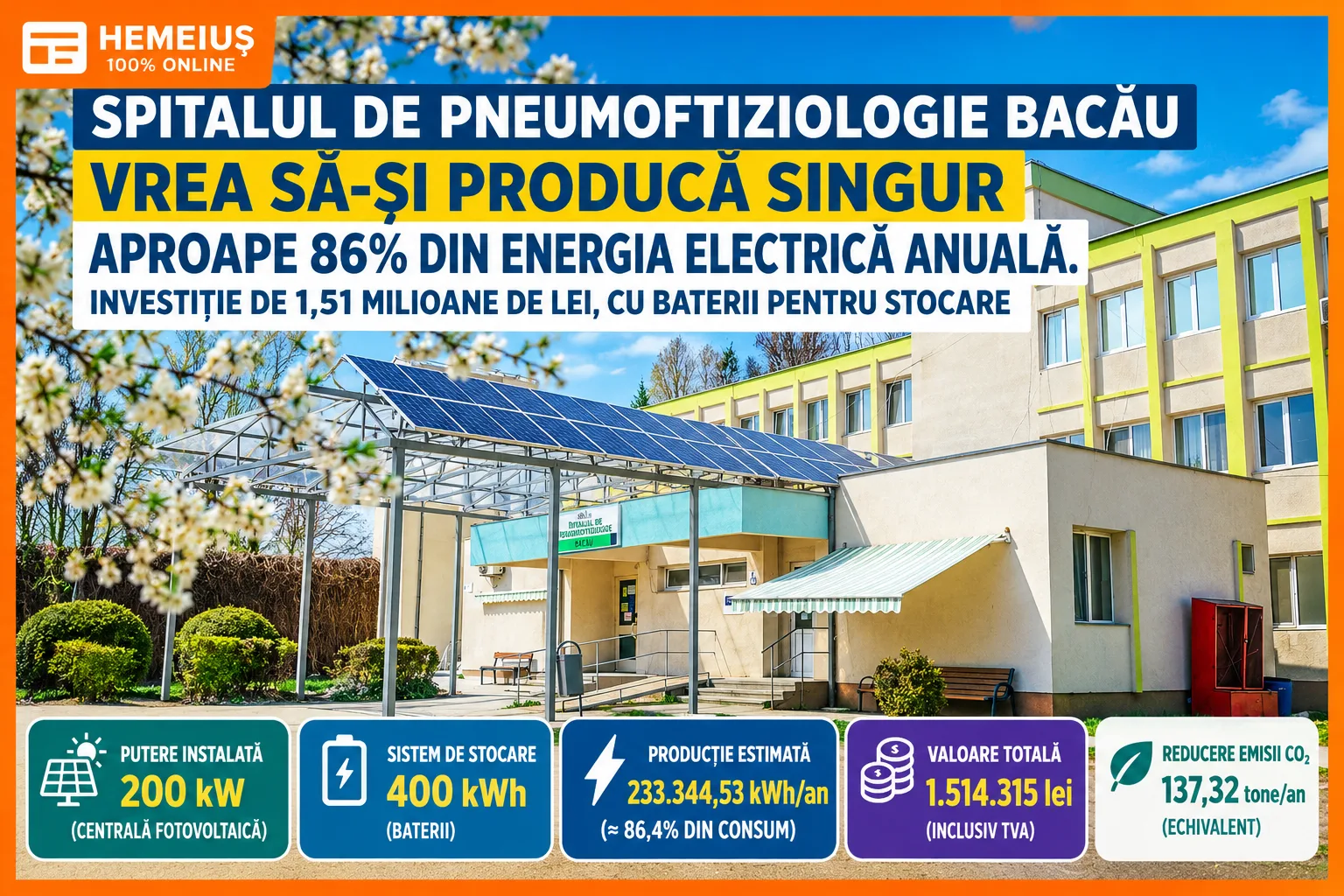 SPITALUL DE PNEUMOFTIZIOLOGIE BACĂU VREA SĂ-ȘI PRODUCĂ SINGUR APROAPE 86% DIN ENERGIA ELECTRICĂ ANUALĂ. INVESTIȚIE DE 1,51 MILIOANE DE LEI, CU BATERII PENTRU STOCARE