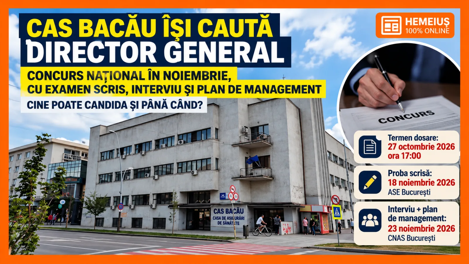 CAS BACĂU ÎȘI CAUTĂ DIRECTOR GENERAL. CONCURS NAȚIONAL ÎN NOIEMBRIE, CU EXAMEN SCRIS, INTERVIU ȘI PLAN DE MANAGEMENT. CINE POATE CANDIDA ȘI PÂNĂ CÂND?