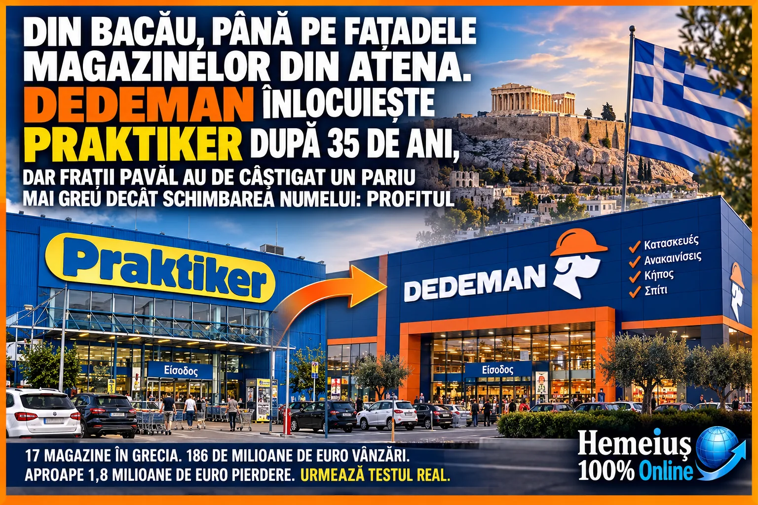 DIN BACĂU, DE LÂNGĂ HEMEIUȘ, PÂNĂ PE FAȚADELE MAGAZINELOR DIN ATENA. DEDEMAN ÎNLOCUIEȘTE PRAKTIKER DUPĂ 35 DE ANI, DAR FRAȚII PAVĂL AU DE CÂȘTIGAT UN PARIU MAI GREU DECÂT SCHIMBAREA NUMELUI: PROFITUL