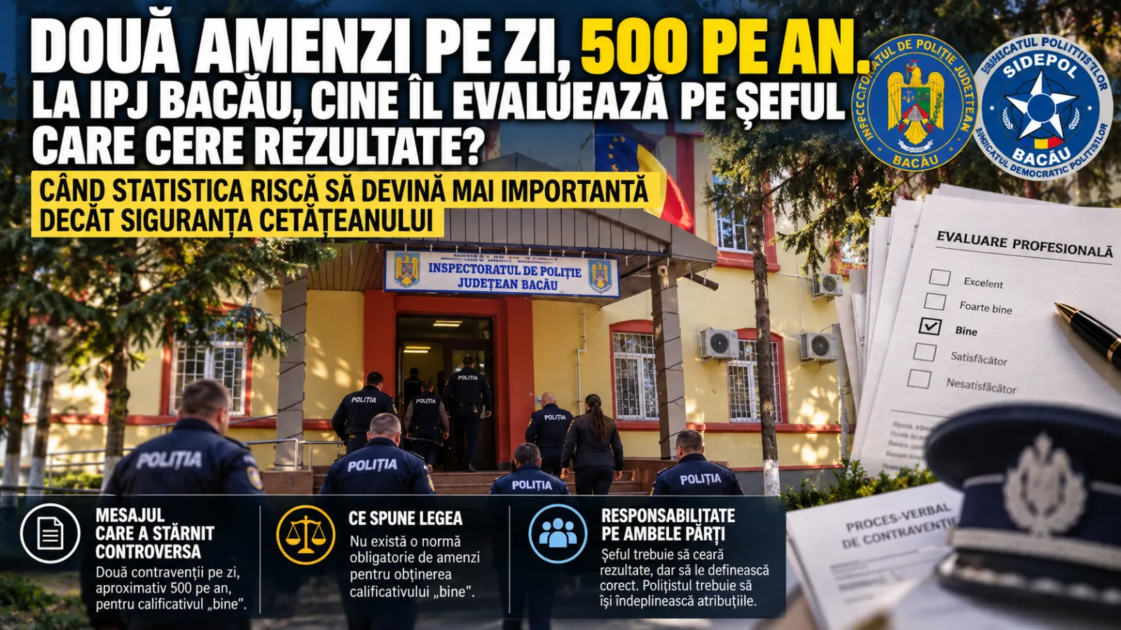 DOUĂ AMENZI PE ZI, 500 PE AN. LA I.P.J. BACĂU, CINE ÎL EVALUEAZĂ PE ȘEFUL CARE CERE REZULTATE? CÂND STATISTICA RISCĂ SĂ DEVINĂ MAI IMPORTANTĂ DECÂT SIGURANȚA CETĂȚEANULUI