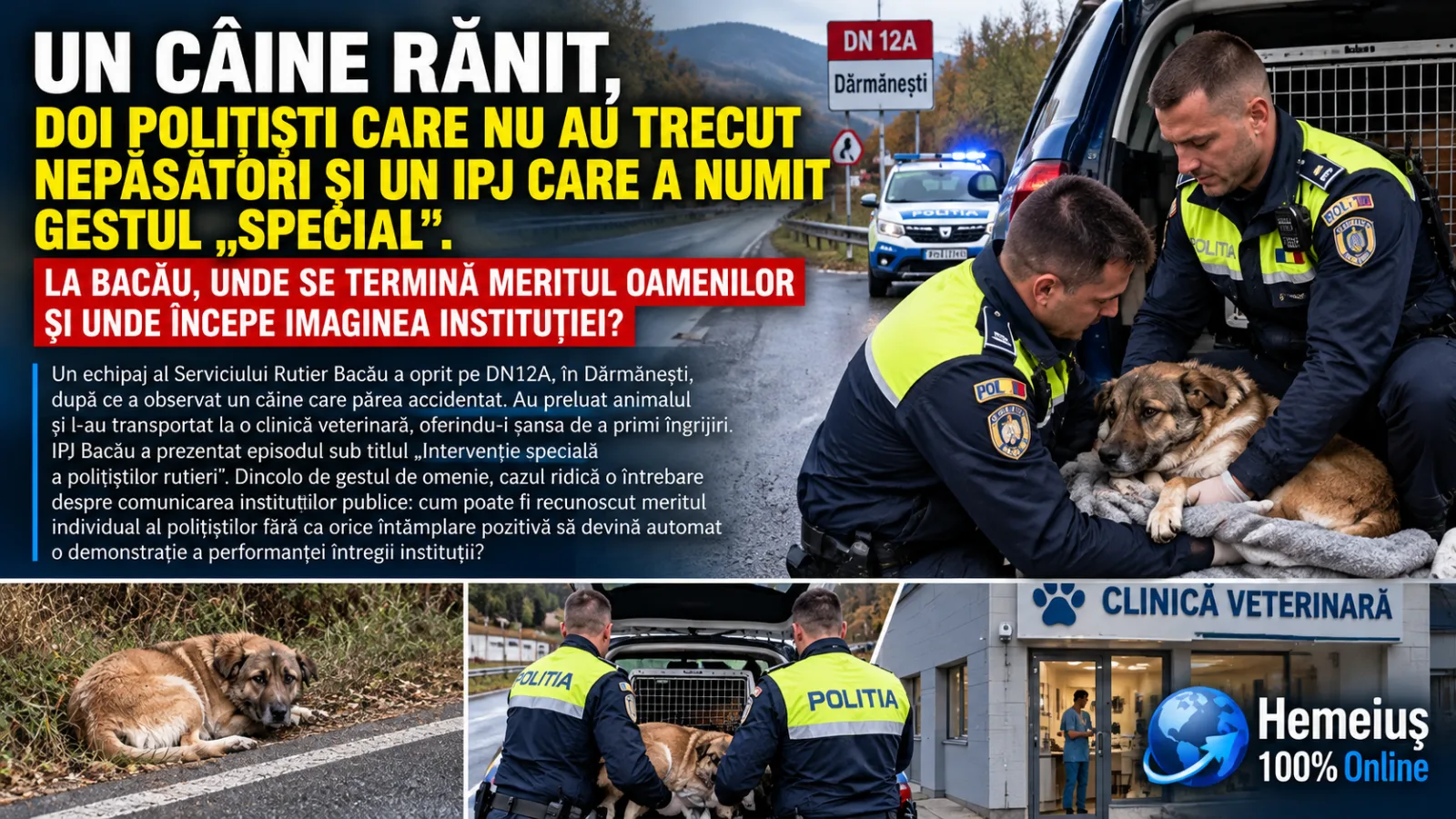 UN CÂINE RĂNIT, DOI POLIȚIȘTI CARE NU AU TRECUT NEPĂSĂTORI ȘI UN IPJ CARE A NUMIT GESTUL „SPECIAL”. LA BACĂU, UNDE SE TERMINĂ MERITUL OAMENILOR ȘI UNDE ÎNCEPE IMAGINEA INSTITUȚIEI?