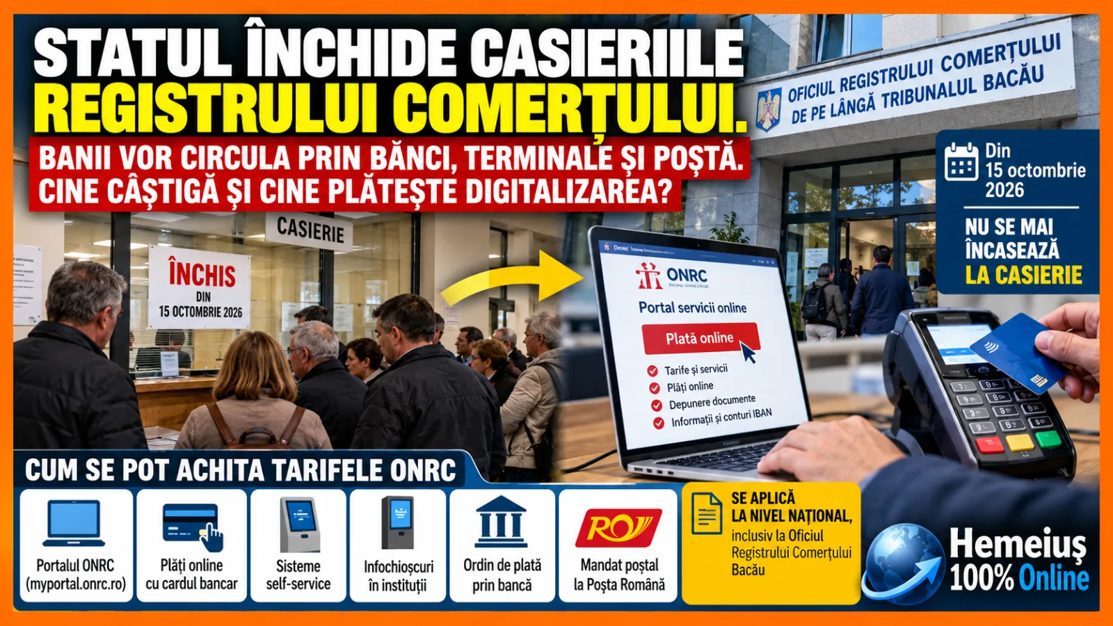 STATUL ÎNCHIDE CASIERIILE REGISTRULUI COMERȚULUI. BANII VOR CIRCULA PRIN BĂNCI, TERMINALE ȘI POȘTĂ. CINE CÂȘTIGĂ ȘI CINE PLĂTEȘTE DIGITALIZAREA?