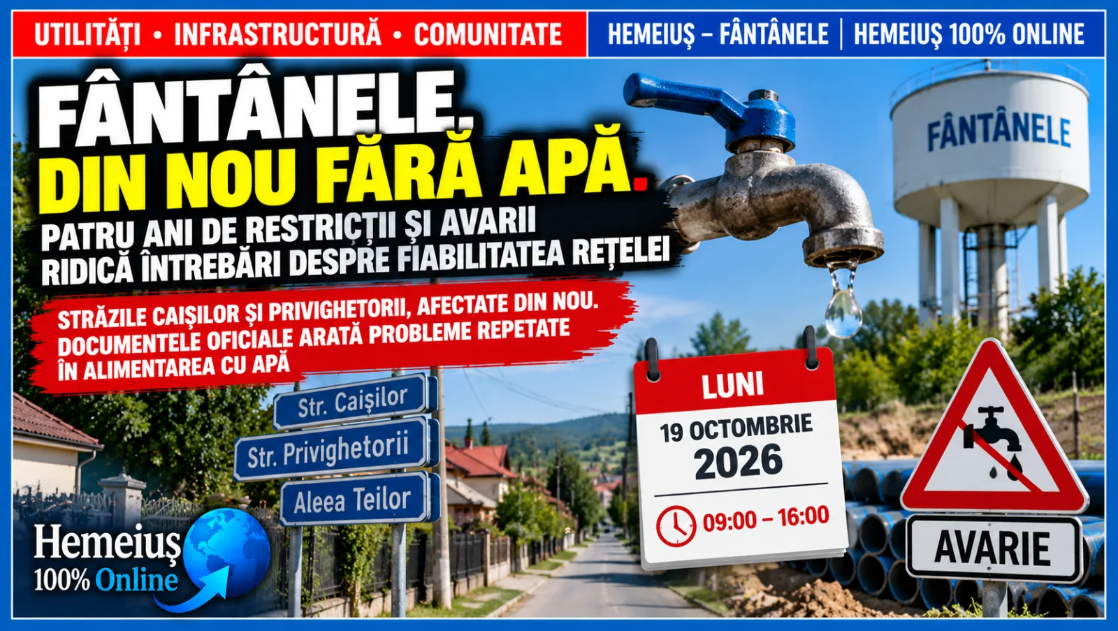 HEMEIUȘ  | ALIMENTARE CU APĂ POTABILĂ: FÂNTÂNELE, DIN NOU FĂRĂ APĂ. PATRU ANI DE RESTRICȚII ȘI AVARII RIDICĂ ÎNTREBĂRI DESPRE FIABILITATEA REȚELEI