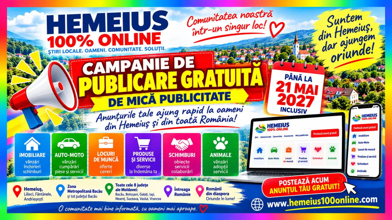 AI CEVA DE VÂNDUT, DE CUMPĂRAT SAU DE ANUNȚAT? LA HEMEIUȘ 100% ONLINE, PUBLICITATEA ESTE GRATUITĂ PÂNĂ LA 21 MAI 2027!