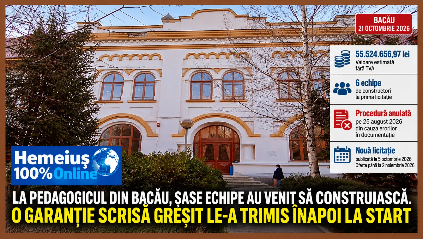 INVESTIGAȚIE DOCUMENTARĂ • EDUCAȚIE • BANI PUBLICI: LA COLEGIUL NAȚIONAL PEDAGOGIC DIN BACĂU, PRIMĂRIA ÎȘI ASUMĂ 62,79 MILIOANE DE LEI, EUROPA CONTRIBUIE CU 25 DE MILIOANE. ȘASE ECHIPE AU OFERTAT, DAR LICITAȚIA A FOST ANULATĂ