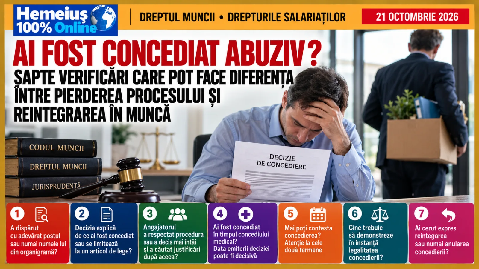 DREPTUL MUNCII • DREPTURILE SALARIAȚILOR: AI FOST CONCEDIAT ABUZIV? ȘAPTE VERIFICĂRI CARE POT FACE DIFERENȚA ÎNTRE PIERDEREA PROCESULUI ȘI REINTEGRAREA ÎN MUNCĂ