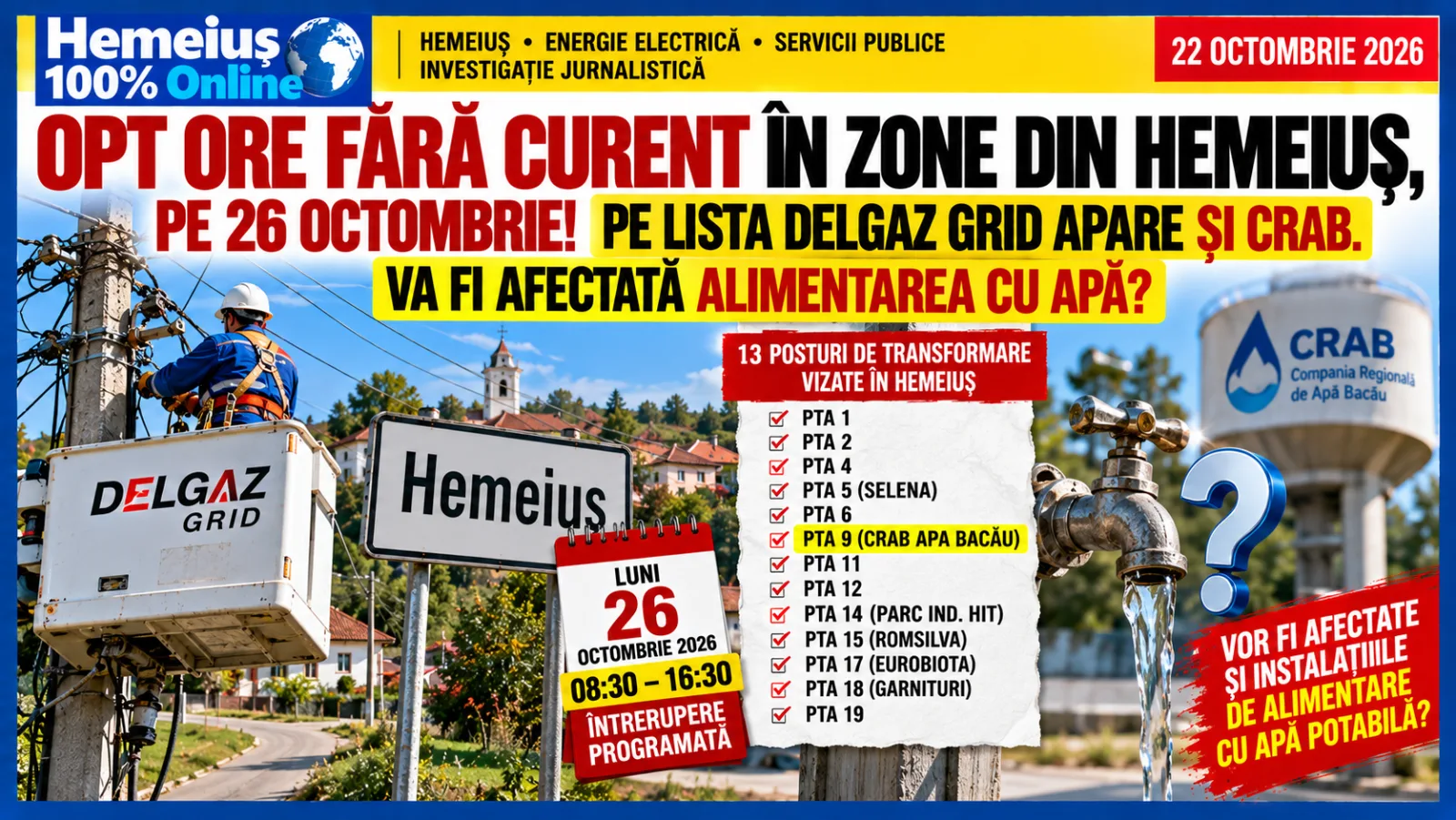 HEMEIUȘ • ENERGIE ELECTRICĂ: OPT ORE FĂRĂ CURENT ÎN ZONE DIN HEMEIUȘ, PE 26 OCTOMBRIE! PE LISTA DELGAZ GRID APARE ȘI CRAB. VA FI AFECTATĂ ALIMENTAREA CU APĂ?