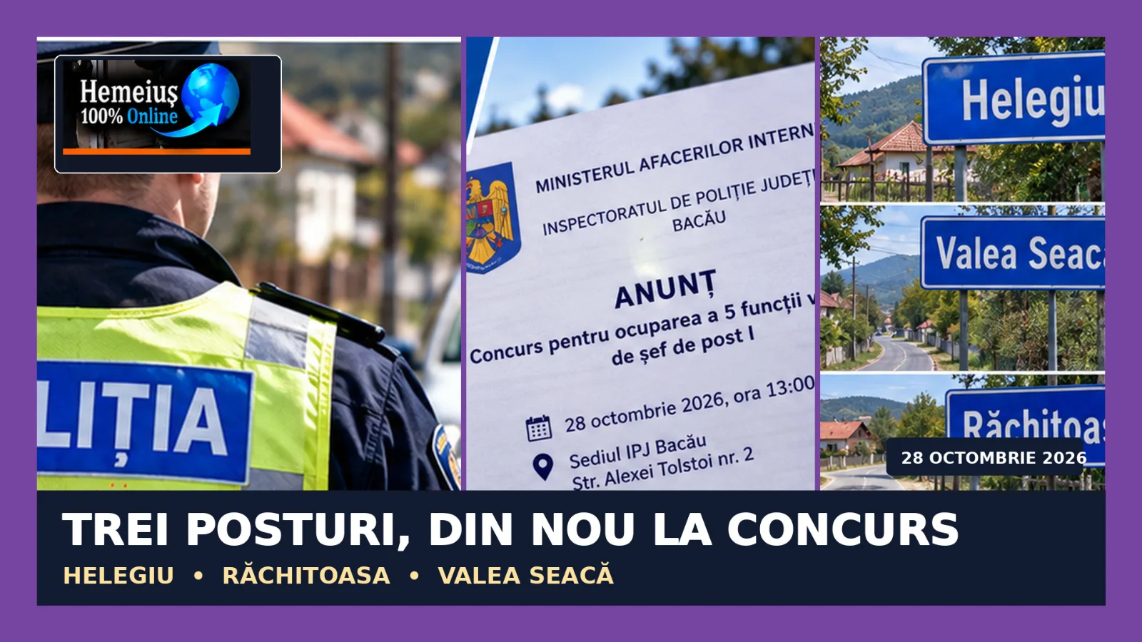 TREI POSTURI DE ȘEF DE POLIȚIE DIN BACĂU, SCOASE DE DOUĂ ORI LA CONCURS ÎN ACELAȘI AN! REZULTATE FINALE ÎN IUNIE, FUNCȚII DIN NOU VACANTE ÎN SEPTEMBRIE. CE S-A ÎNTÂMPLAT?