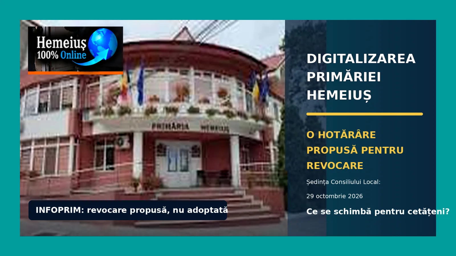HEMEIUȘ: DIGITALIZAREA PRIMĂRIEI, ÎNTOARSĂ DIN DRUM DUPĂ 15 ZILE? INFOPRIM, PROPUS PENTRU REVOCARE, ÎN TIMP CE APARE UN NOU PROIECT INFORMATIC!