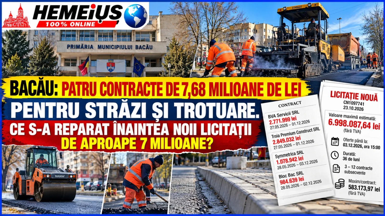 MUNICIPIUL BACĂU: PATRU CONTRACTE DE 7,68 MILIOANE DE LEI PENTRU STRĂZI ȘI TROTUARE. CE S-A REPARAT ÎNAINTEA NOII LICITAȚII DE APROAPE 7 MILIOANE?